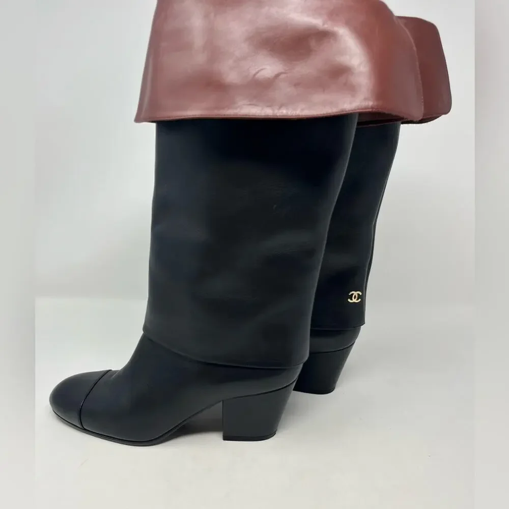 Chanel CC Cap Toe Fold Over Riding Boot Black Brown Leather Block Heel size 38.5